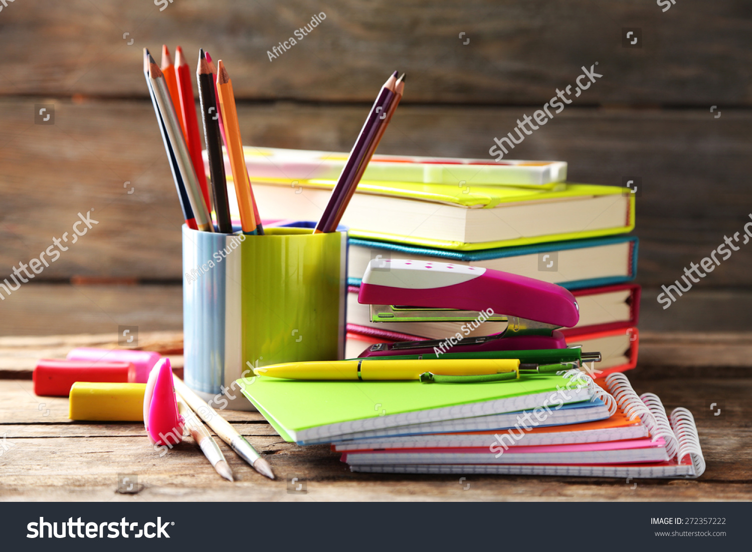 Bright school stationery on old wooden table #272357222