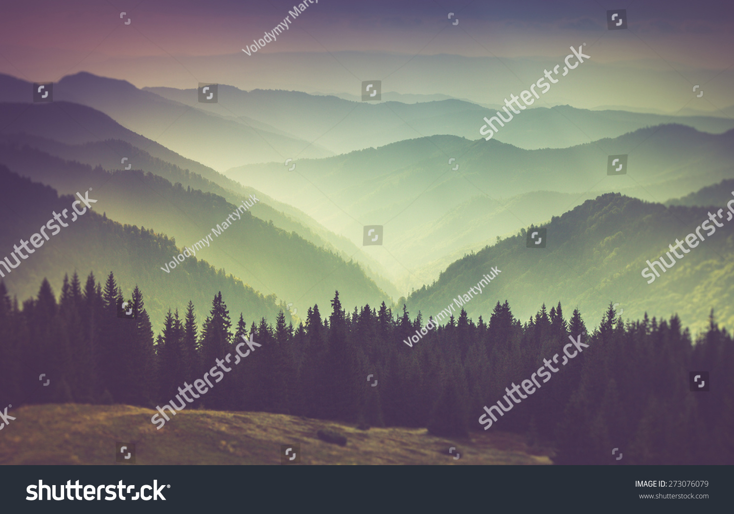 Misty summer mountain hills landscape. Filtered image:cross processed vintage effect.  #273076079