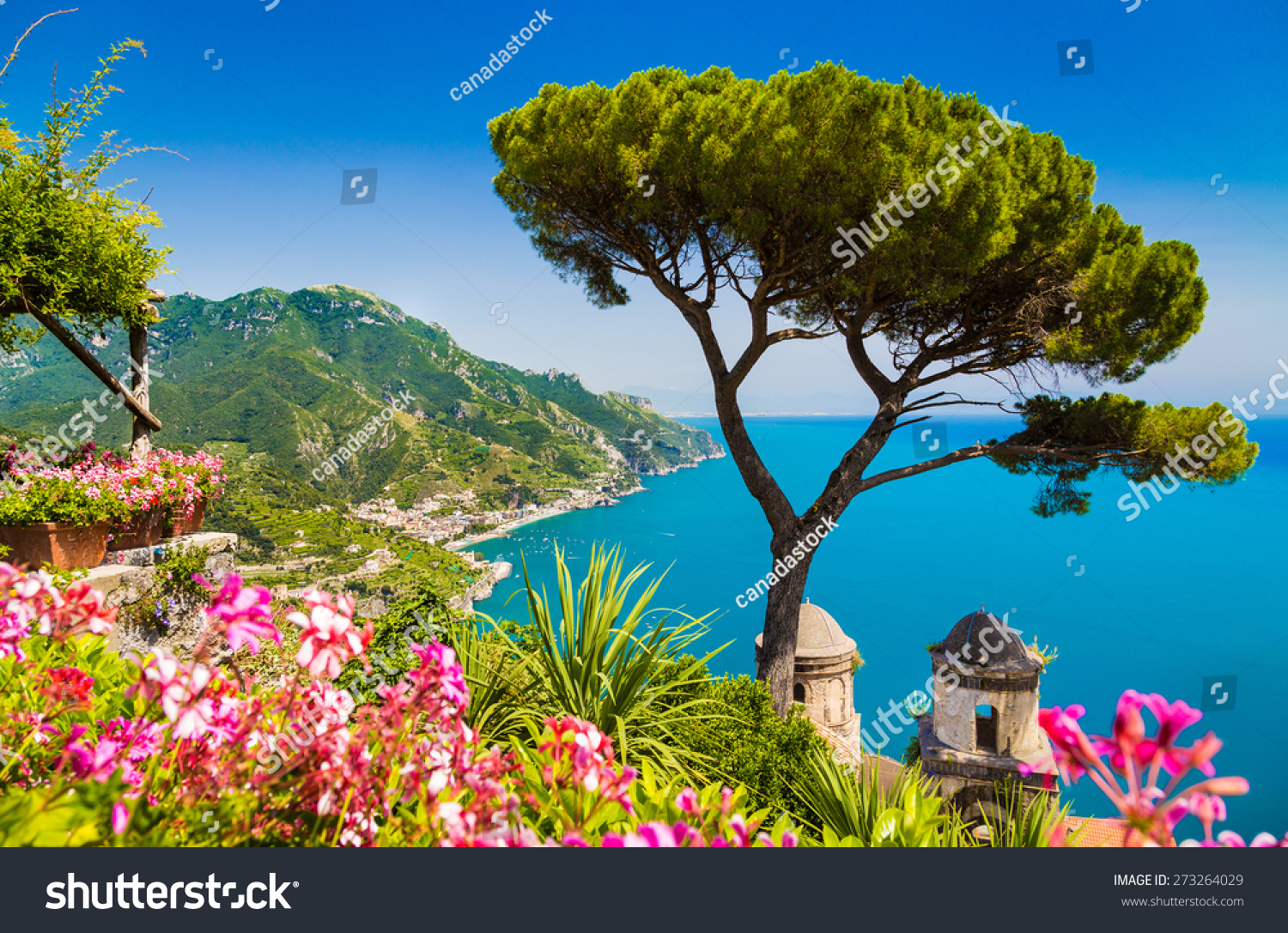 Scenic picture-postcard view of famous Amalfi Coast with Gulf of Salerno from Villa Rufolo gardens in Ravello, Campania, Italy #273264029