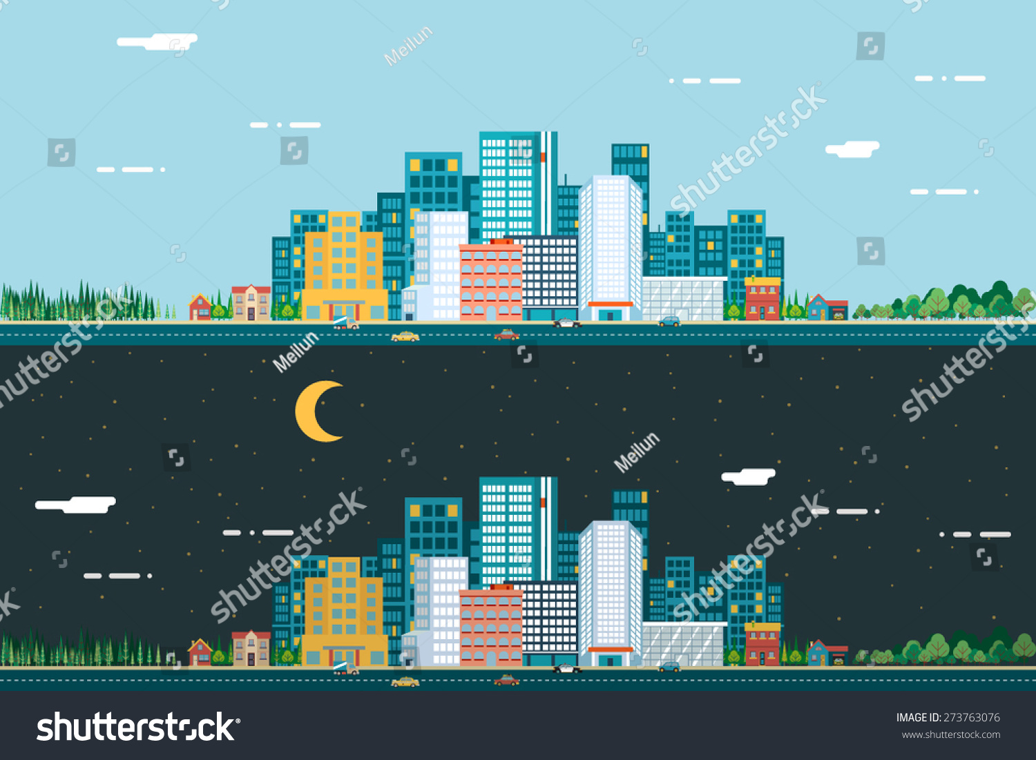 Day and night Urban Landscape City Real Estate Summer Background Flat Design Concept Icon Template Vector Illustration #273763076