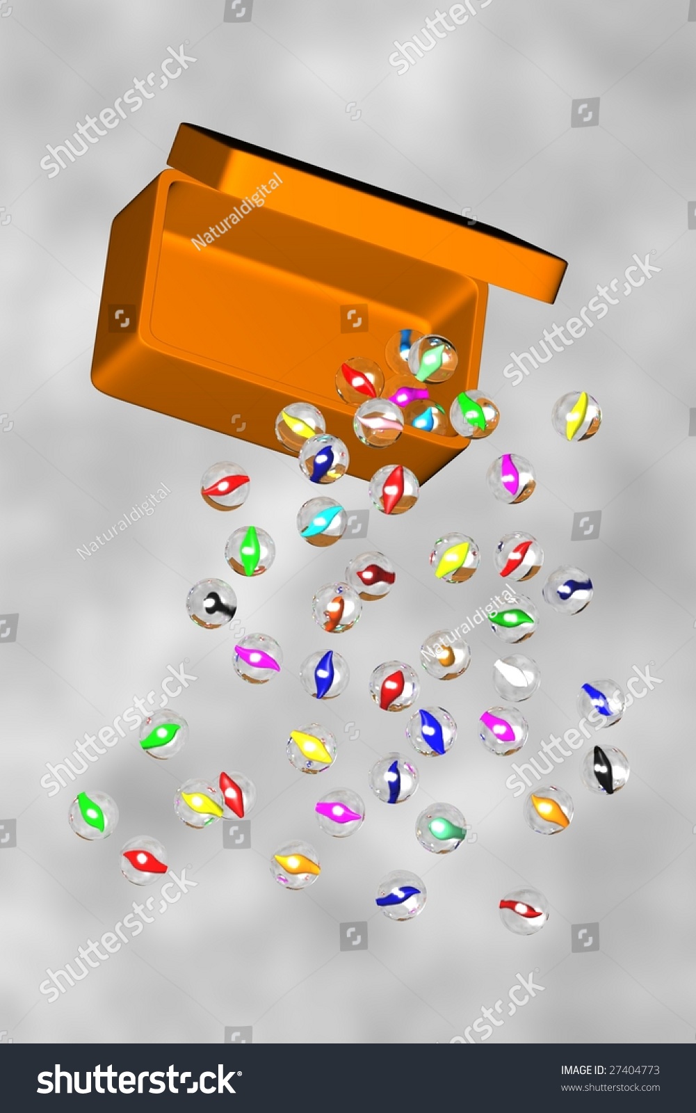 An illustration of marbles tumbling from a box in mid air #27404773