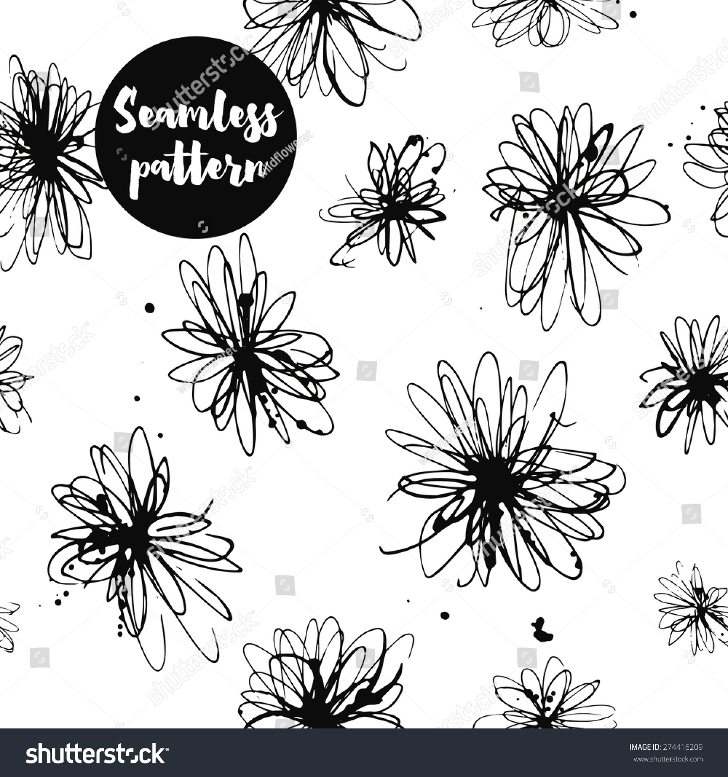 The seamless pattern with hand drawn ink flowers and splashes for your design. Black and white artistic background. #274416209