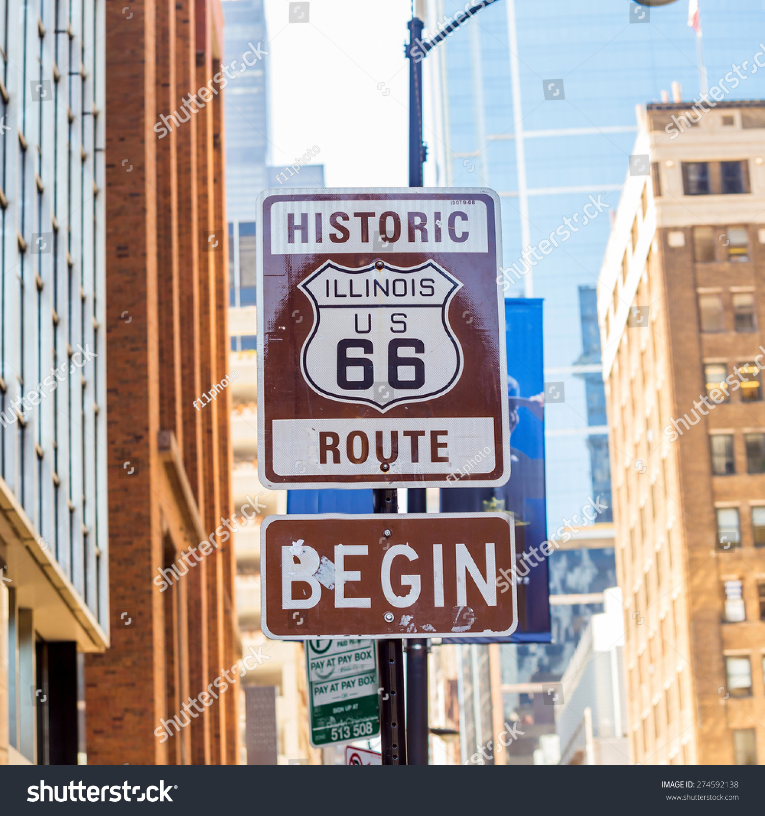 Route 66 sign, the beginning of historic Route 66, leading through Chicago, Illinois. #274592138