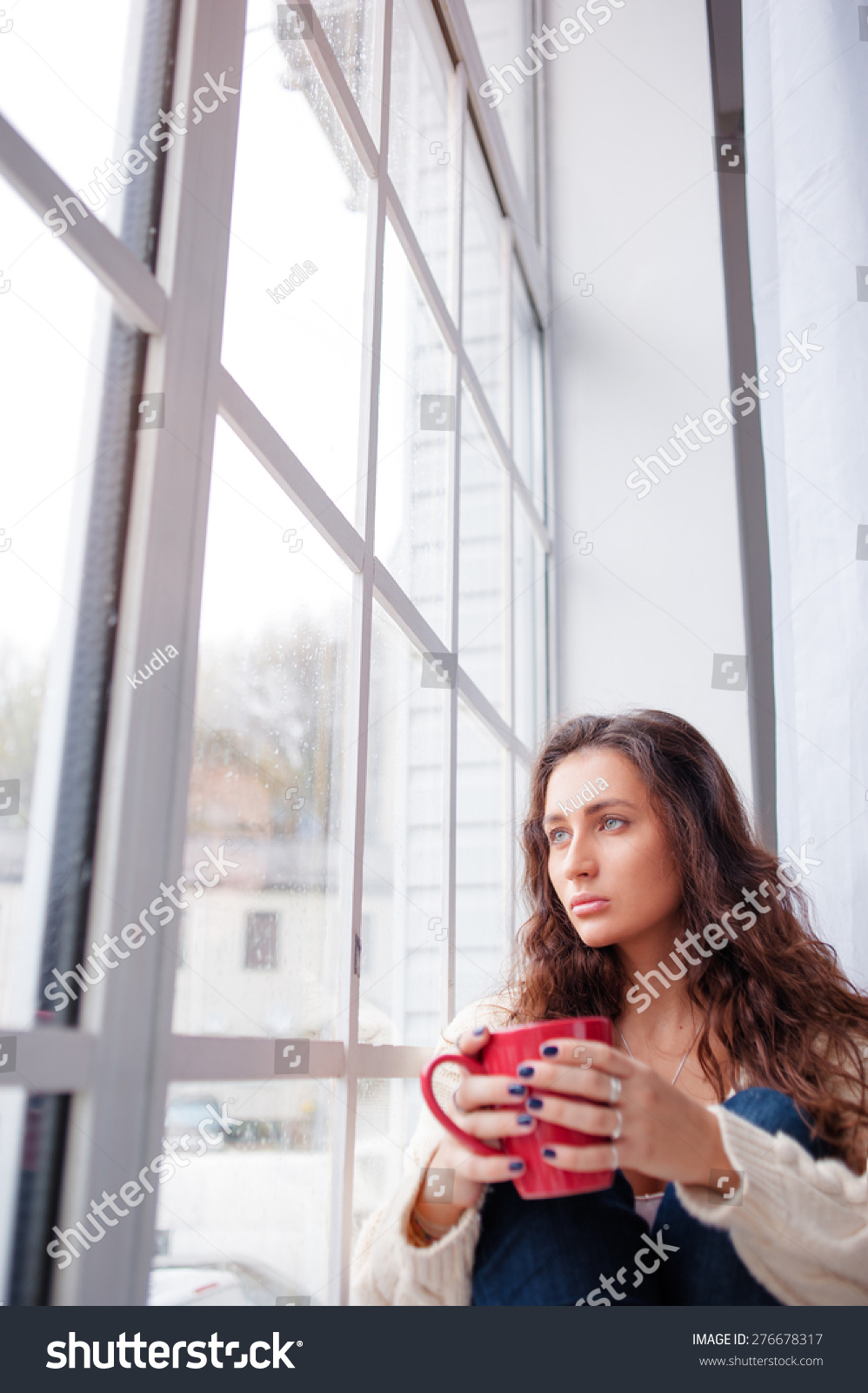 Calm and coziness. Beautiful young woman with cup of tea sitting near the window at home #276678317