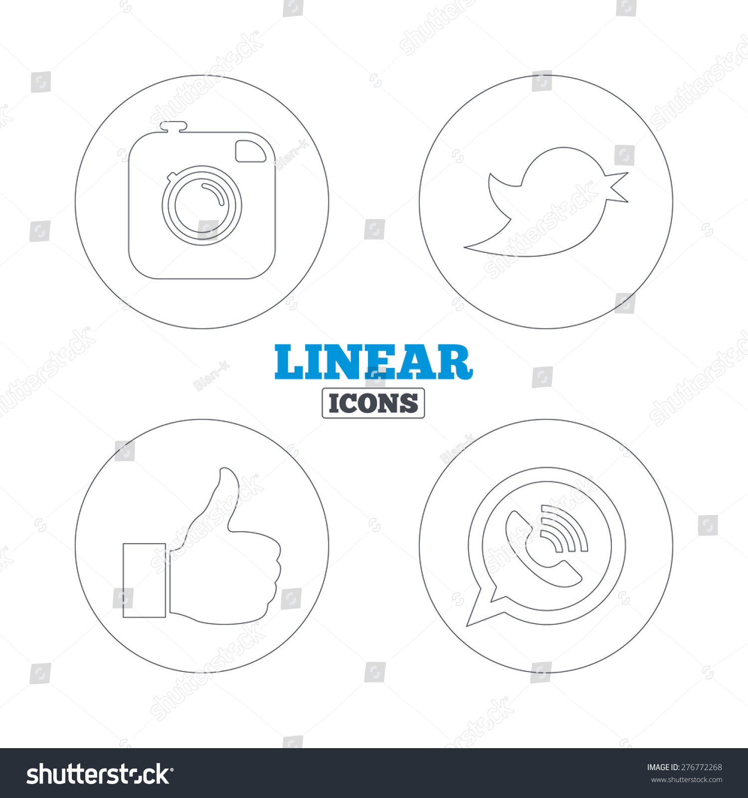 Hipster photo camera icon. thumbs up and Call speech bubble sign. Bird symbol. Social media icons. Linear outline web icons. Vector #276772268