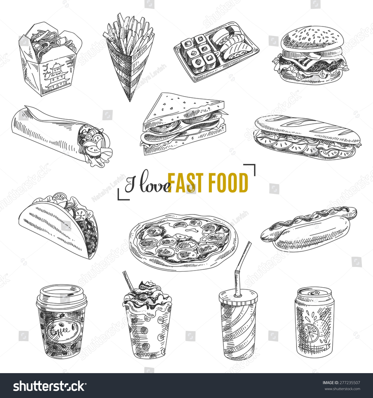 Vector set of fast food. Vector illustration in sketch style. Hand drawn design elements. #277235507