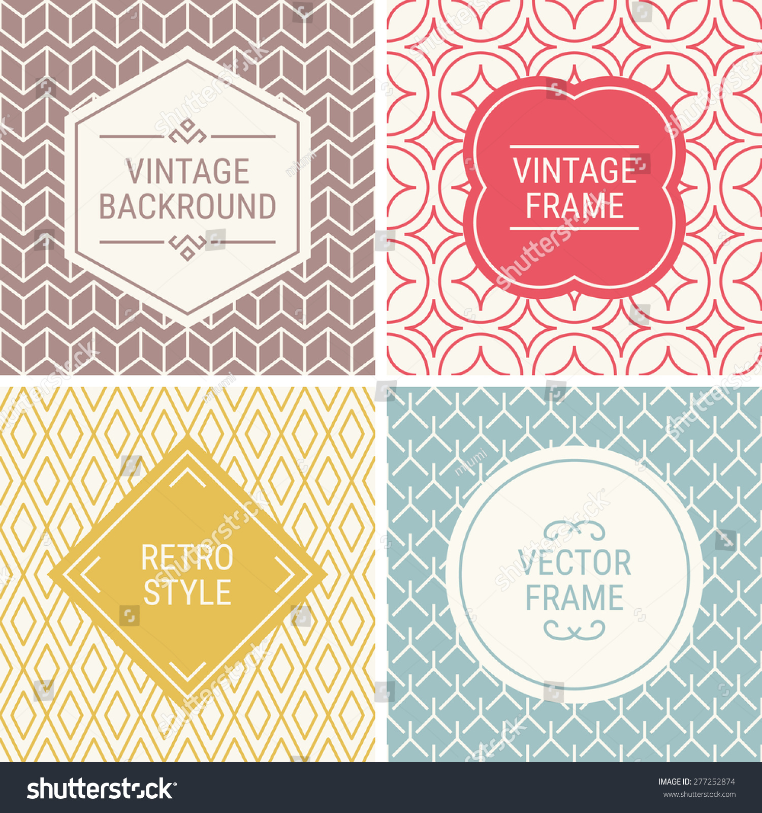 Set of vintage frames in Red, Gold, Blue, Brown and Beige on mono line seamless background. Perfect for greeting cards, wedding invitations, retro parties. Vector labels and badges #277252874