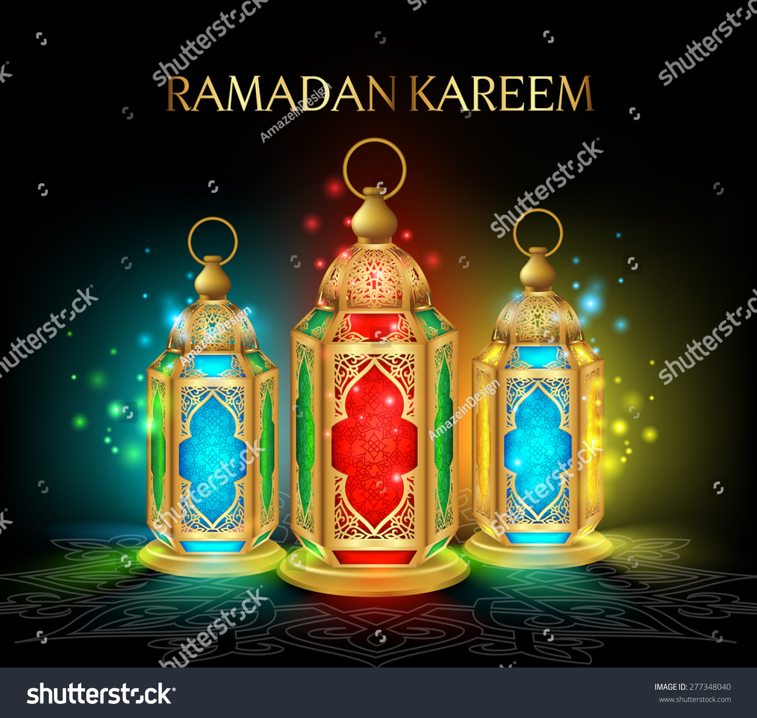 Beautiful Elegant Ramadan Kareem Lantern or Fanous in Gold With Colorful Lights in Night Background for the Holy Month Occasion of fasting. Editable Vector Illustration #277348040