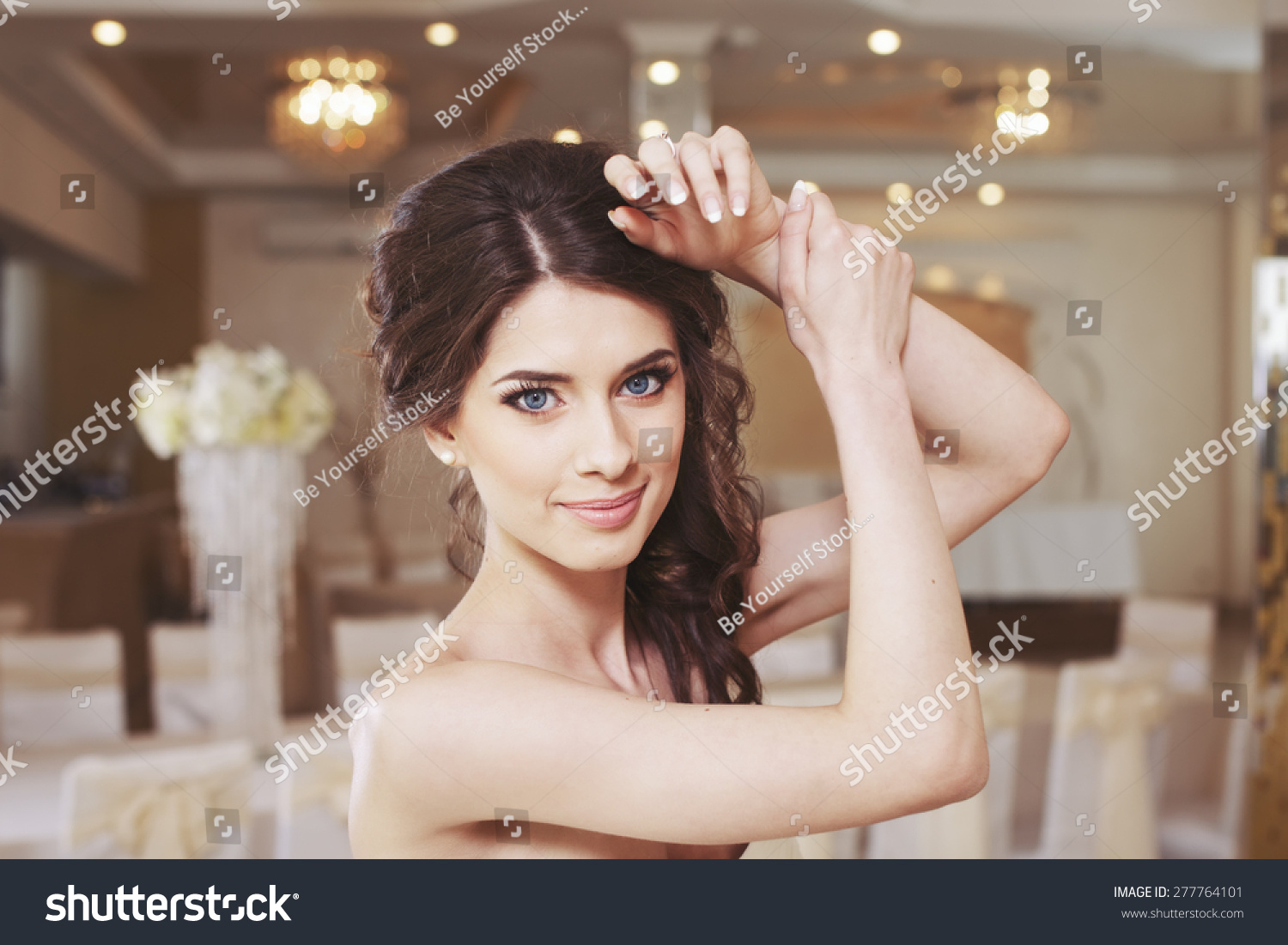 Wedding emotional portrait of happy brunette bride.  #277764101