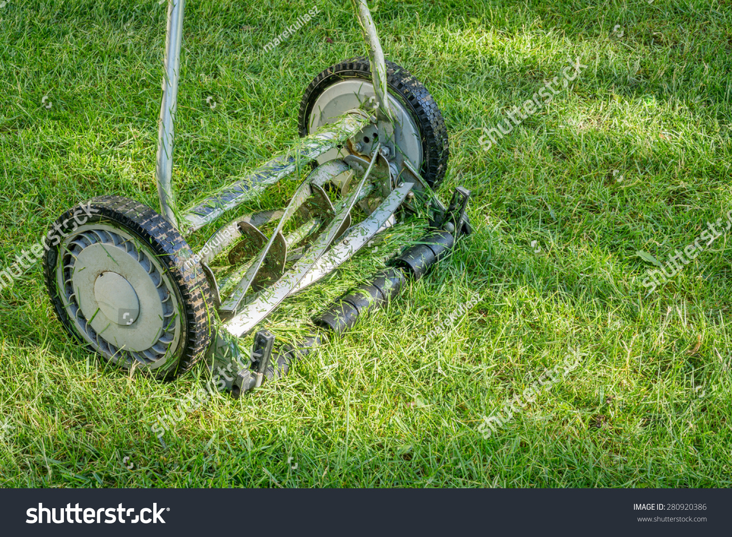 hand lawn mower close up with grass clips #280920386