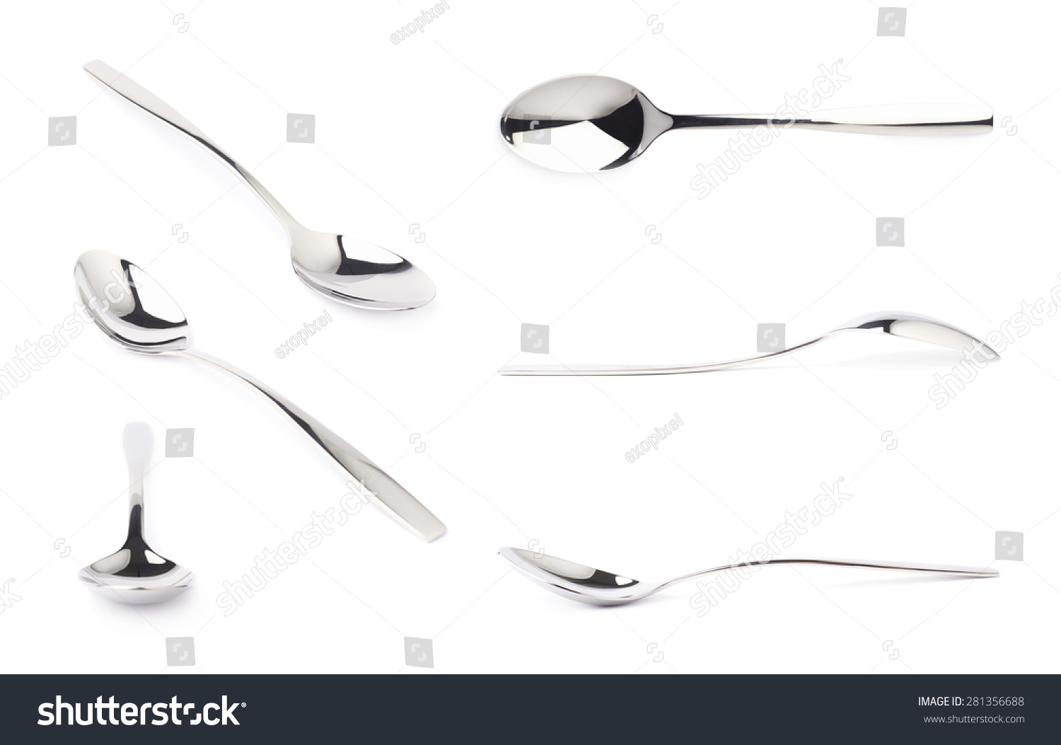 Stainless steel glossy metal kitchen spoon isolated over the white background, set of multiple different foreshortenings #281356688