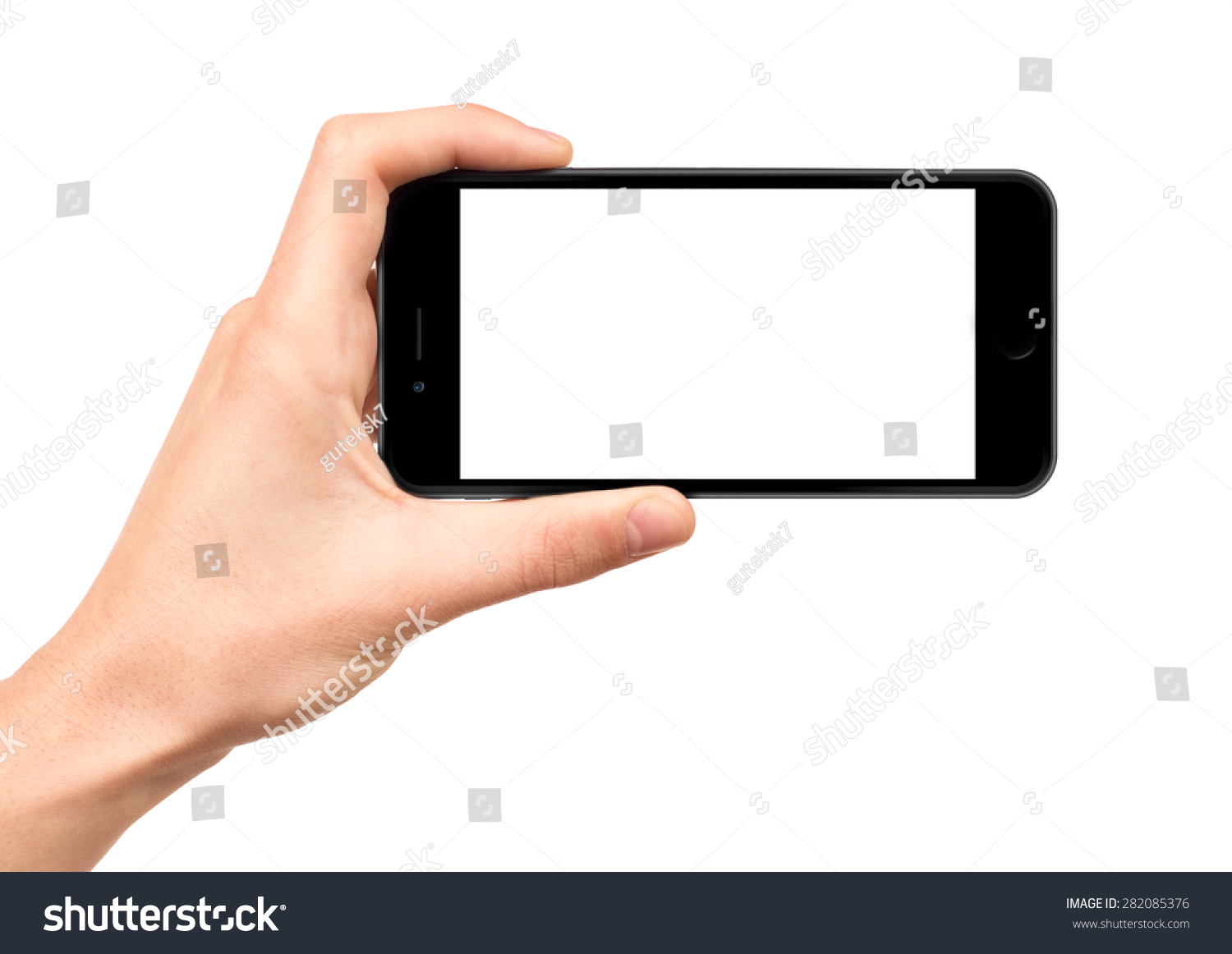 Man hand holding horizontal the black smartphone with blank screen, isolated on white background. #282085376