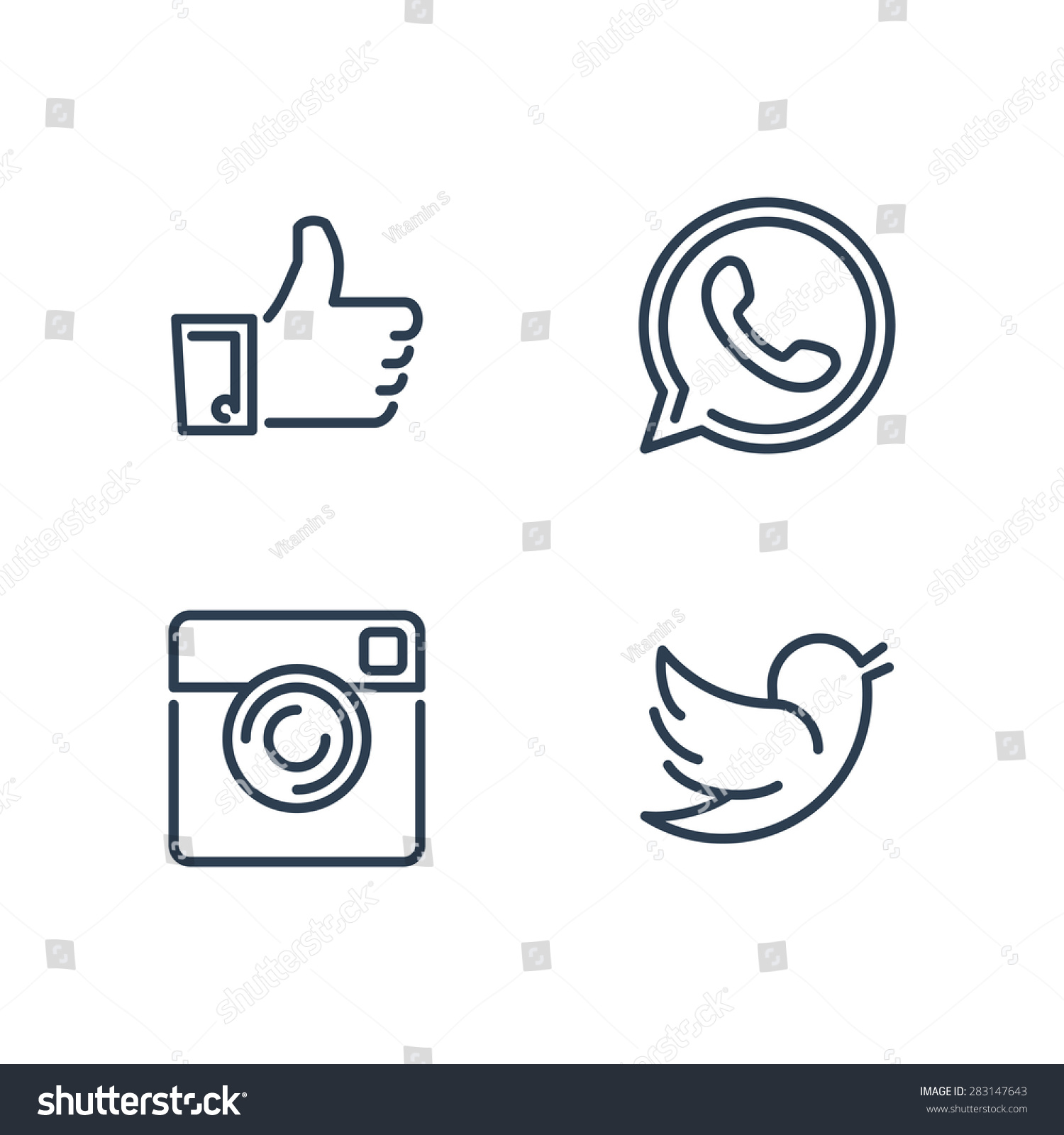 Line designed vector icons of like, handset, camera and bird for social media, websites, interfaces. Like icon eps. Social media icons set. #283147643
