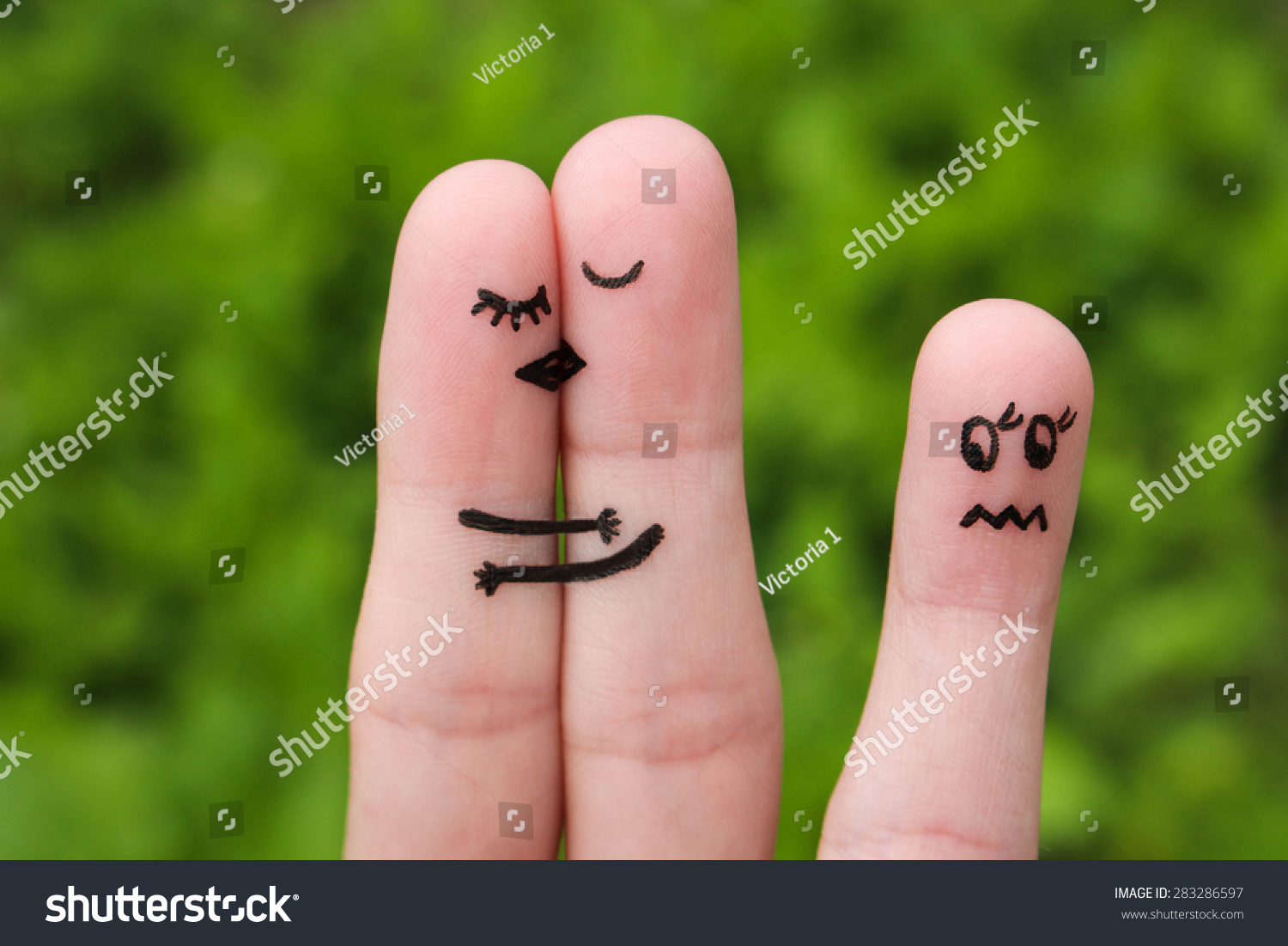 Finger art of Happy coupl kissing and hugging. girl is jealous and angry. #283286597