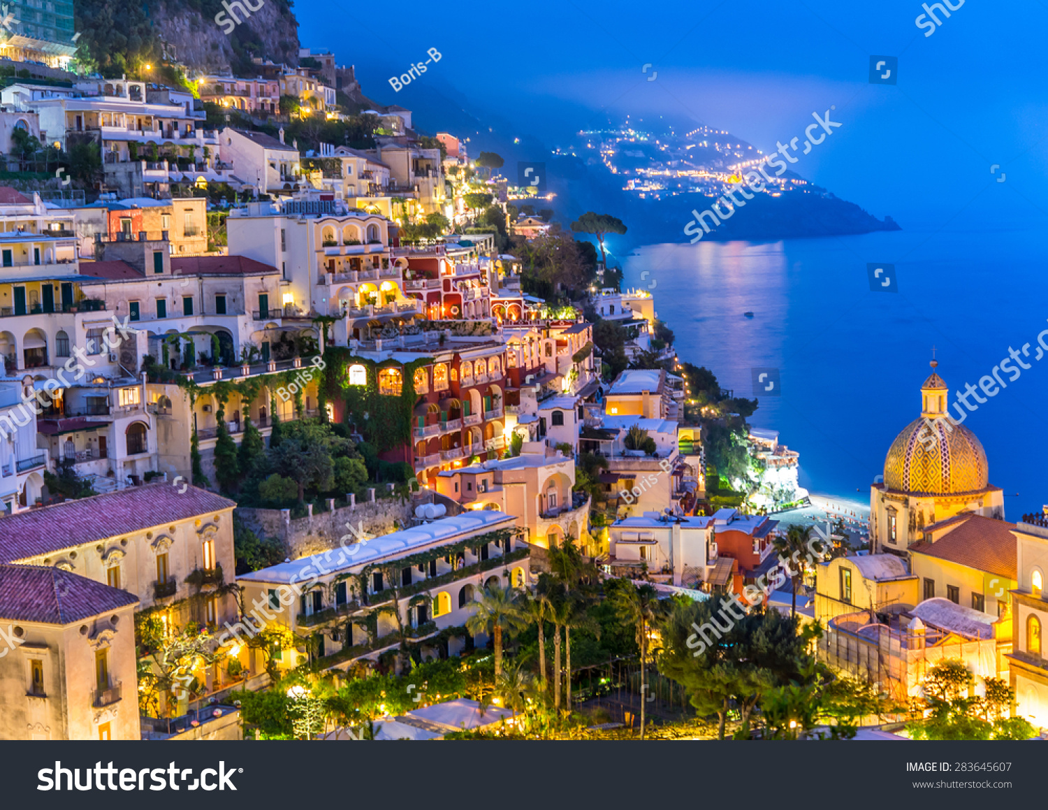 Night view of Positano village at Amalfi Coast, Italy. #283645607