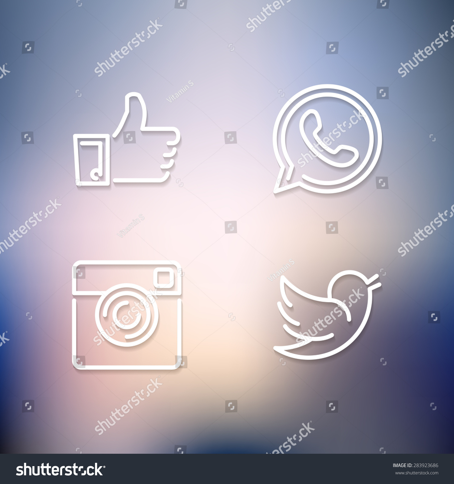 Line designed vector icons of like, handset, camera and bird on blurred background for social media, websites, interfaces. Social media icons eps. #283923686