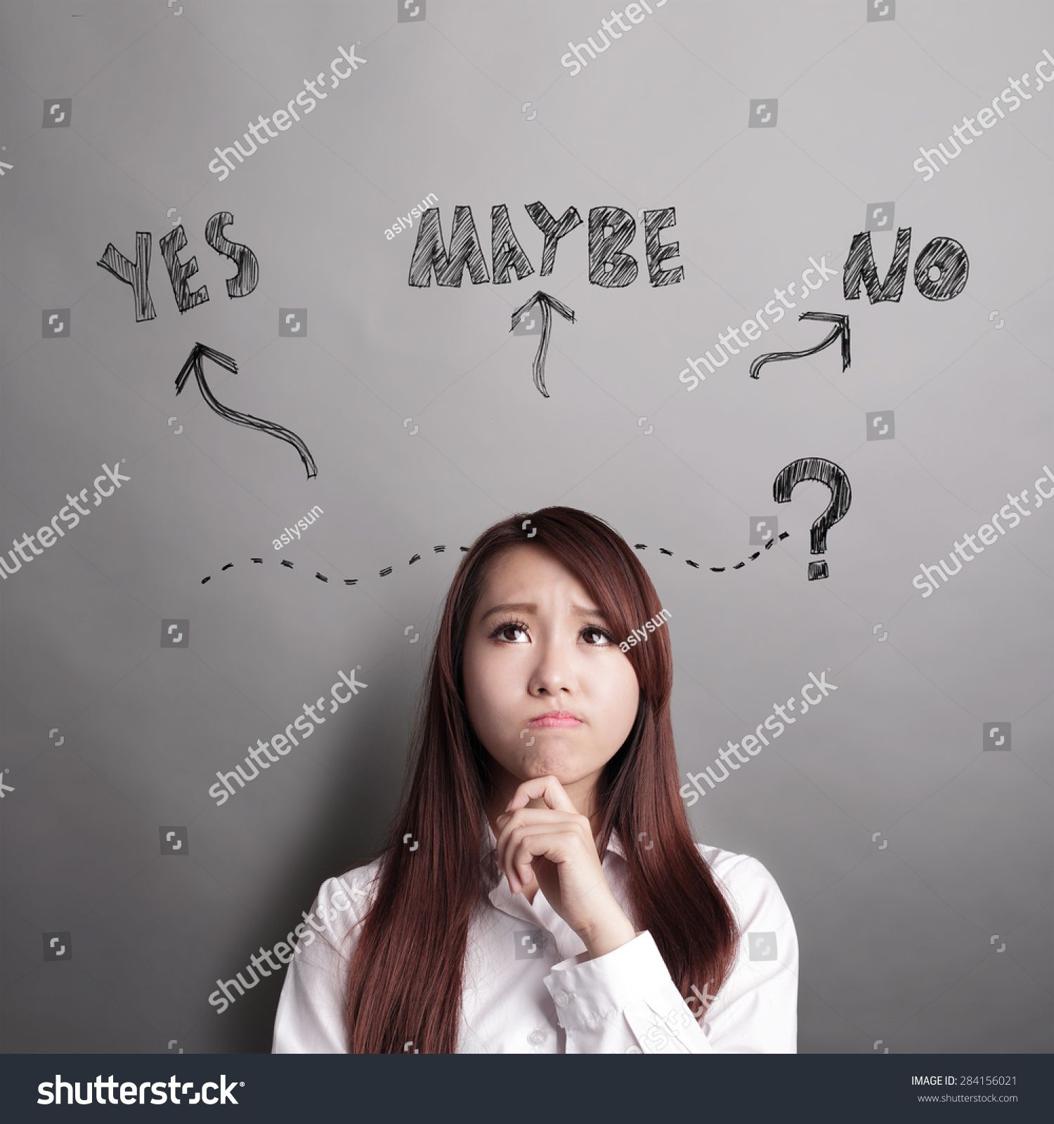 Thinking business woman and look copy space isolated on grey background with finger at face, asian beauty #284156021