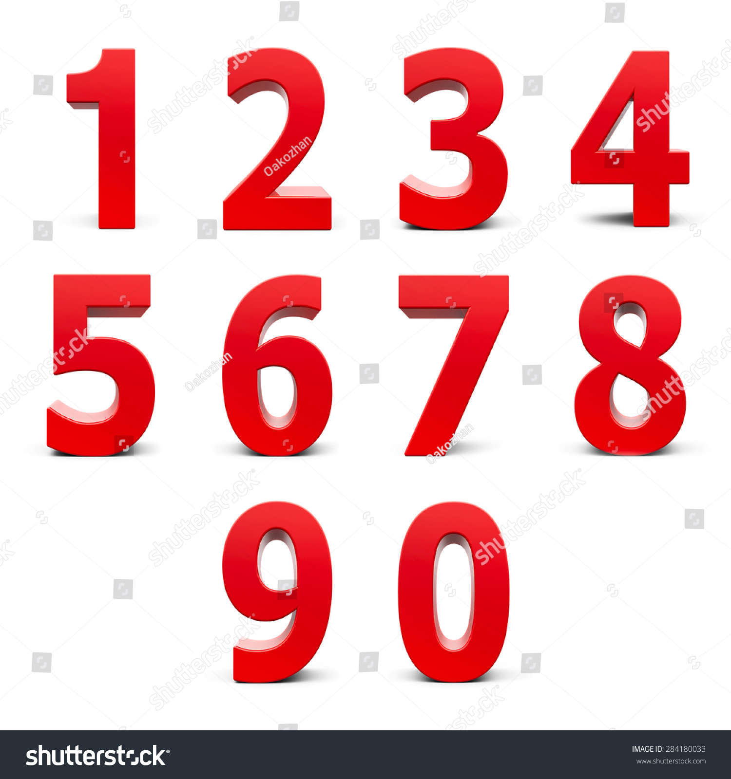 Red numbers set from 0 to 9 isolated on white background, three-dimensional rendering #284180033