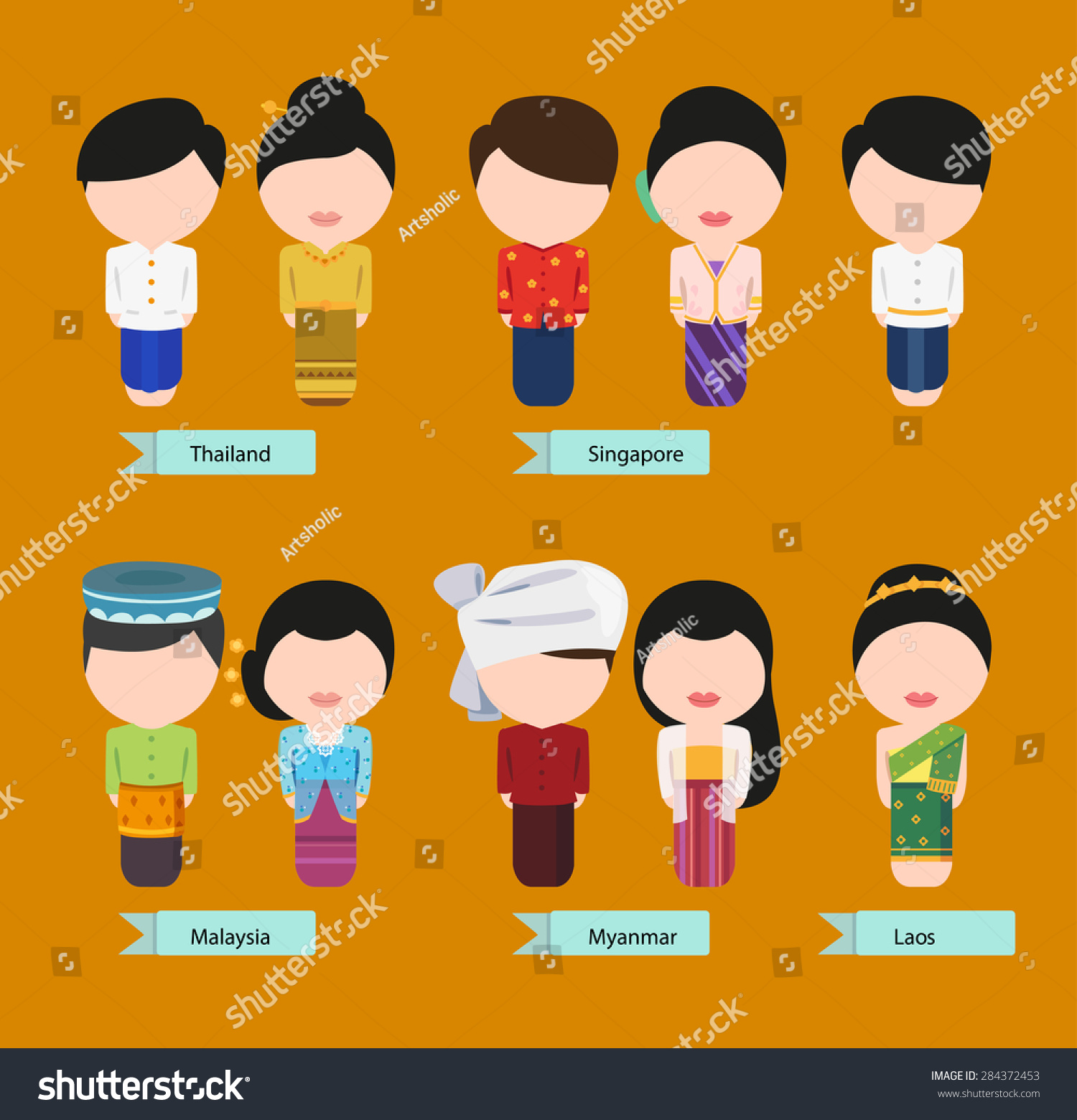 Vector Five Of Asian National Costumes, Man And - Royalty Free Stock 