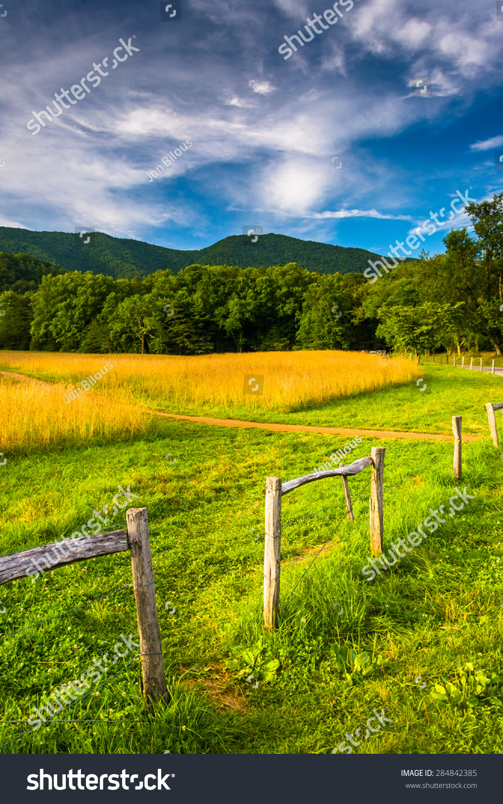Fence and field at  Cade's Cove, Great Smoky Mountains National Park, Tennessee. #284842385