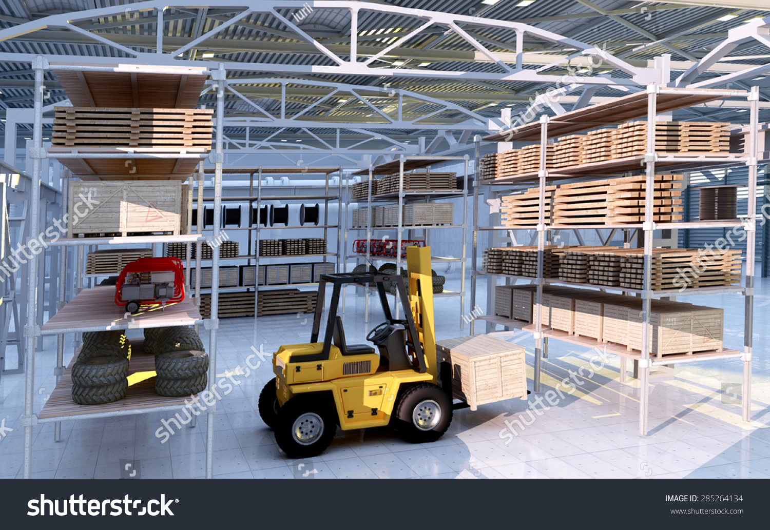 Forklift among the materials in the hangar. #285264134