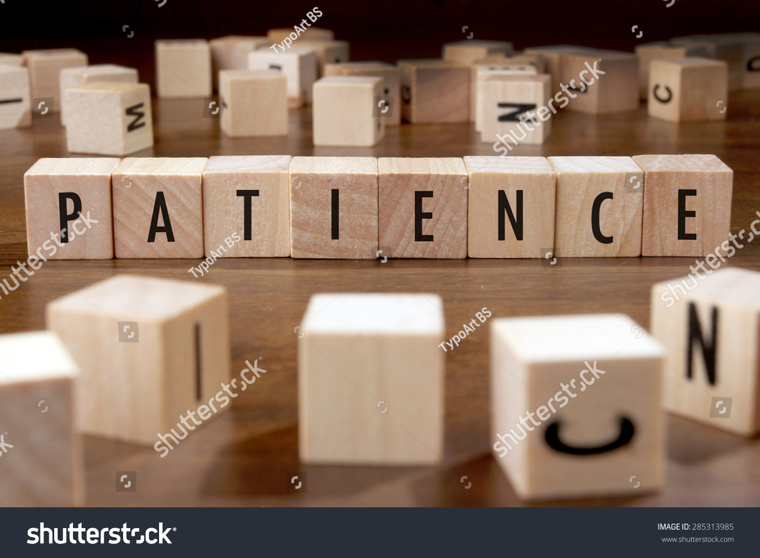 PATIENCE word written on wood block #285313985