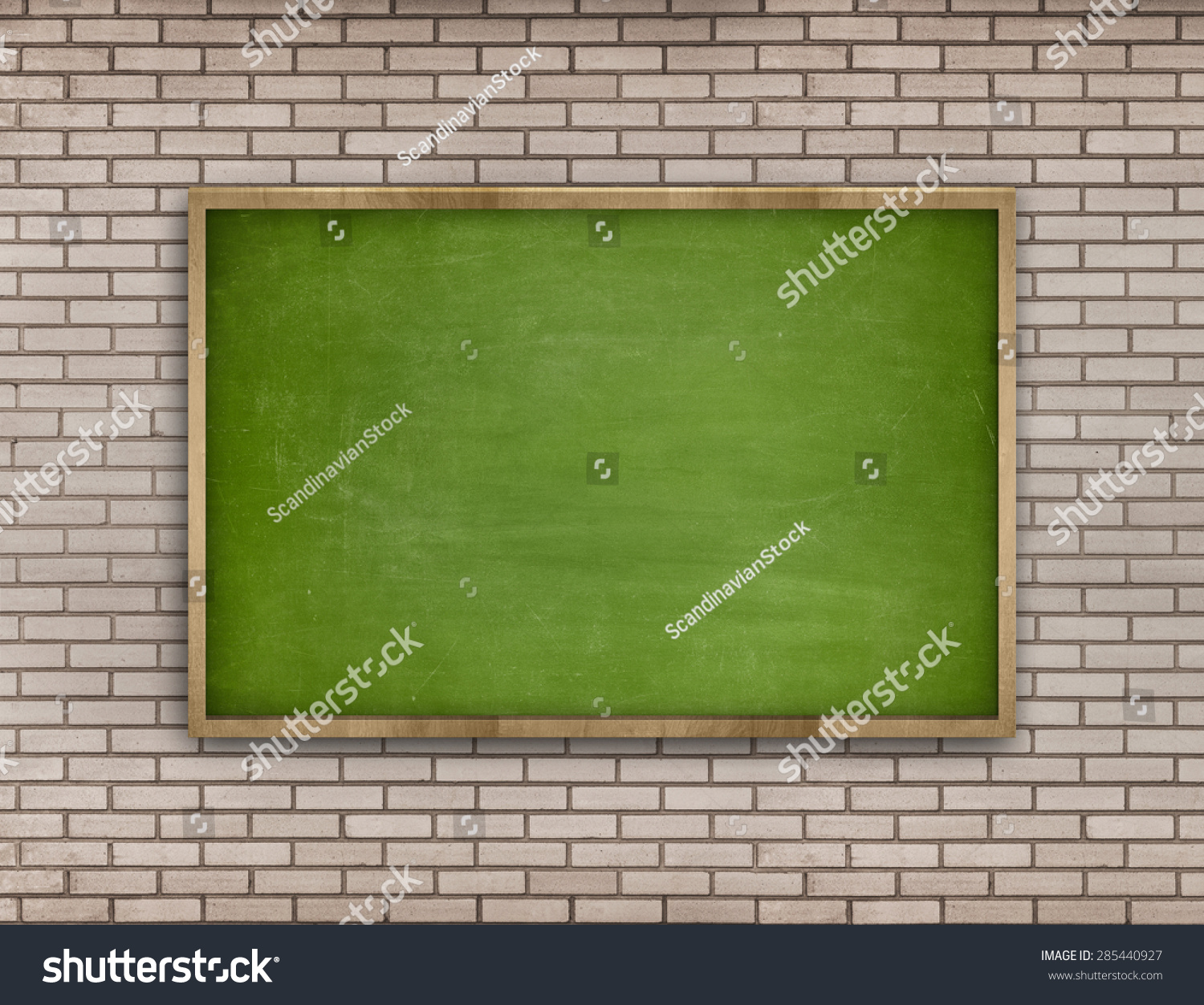Green vintage wooden frame blank blackboard on brick wall background #285440927