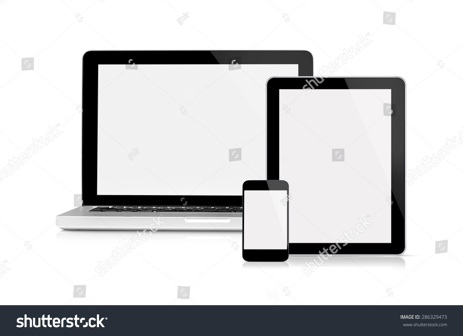Laptop, tablet and mobile phone - This is a front view of Macbook Pro, iPhone and iPad Apple Inc with blank screen, isolated on white. #286329473