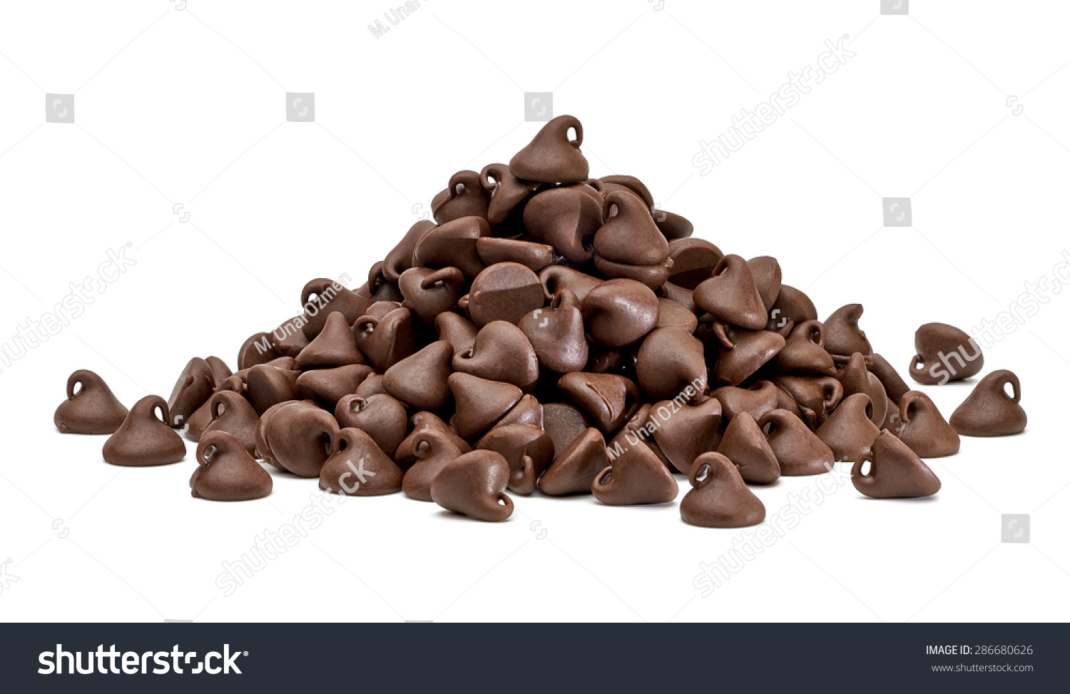 Chocolate chips morsels or drops pile or heap isolated on white background #286680626