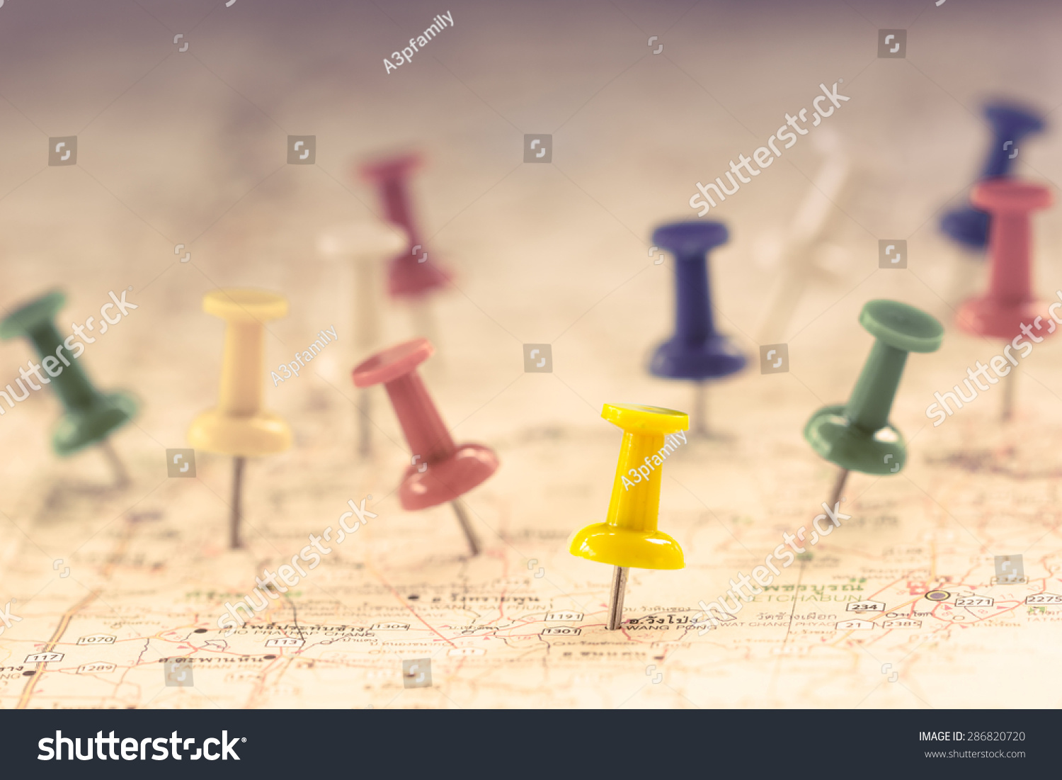 Travel concept with several pushpins on map,color filter effect #286820720