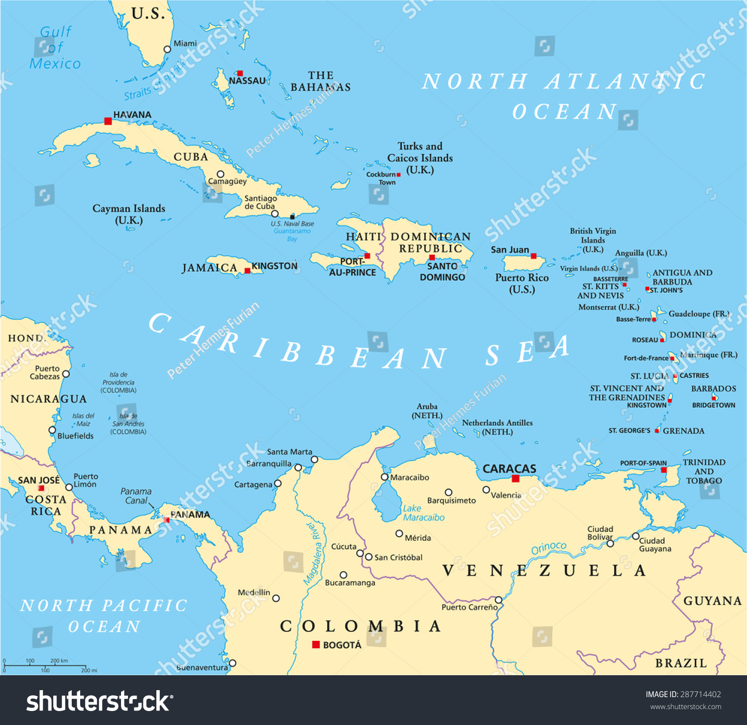 Caribbean political map with capitals, national - Royalty Free Stock ...