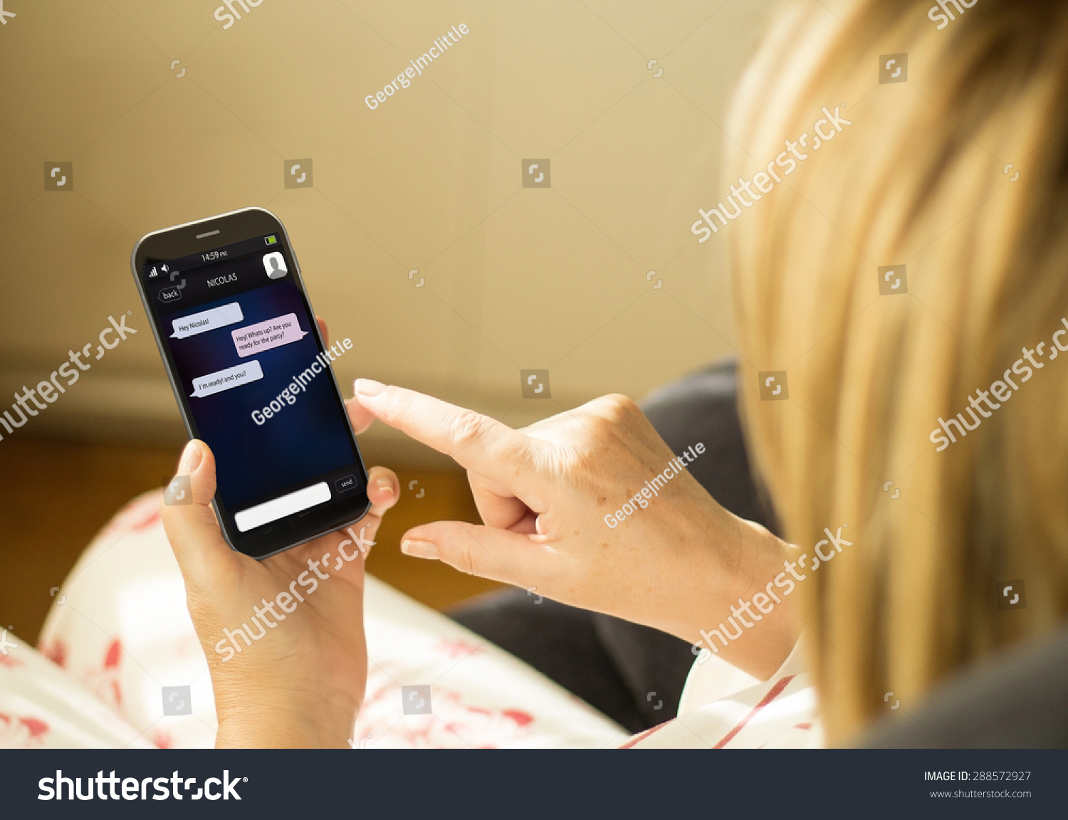 wireless communications and social concept: woman with a 3d generated smartphone with instant messaging on the screen. All screen graphics made up. #288572927