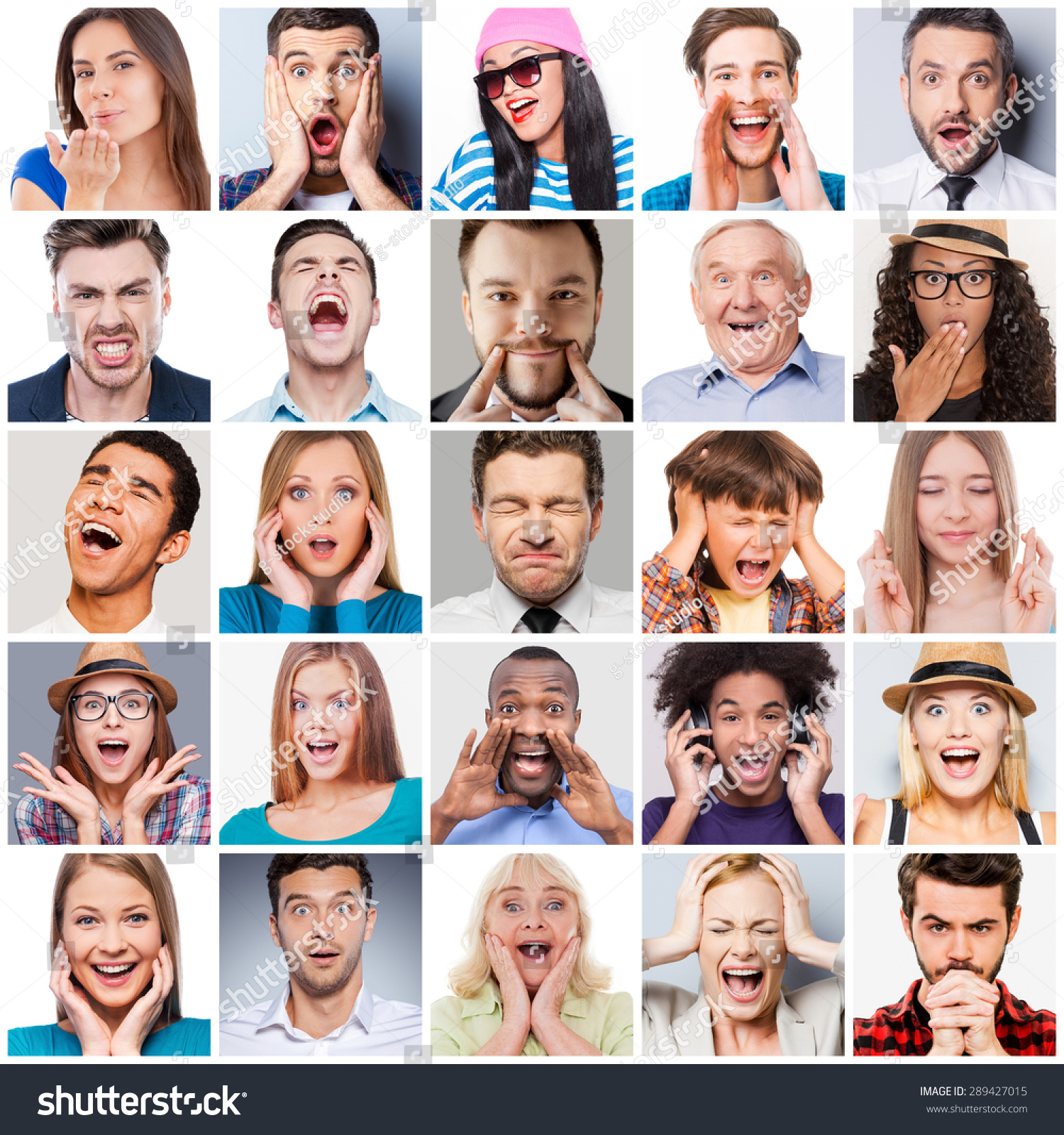 Diverse people with different emotions. Collage of diverse multi-ethnic and mixed age range people expressing different emotions  #289427015