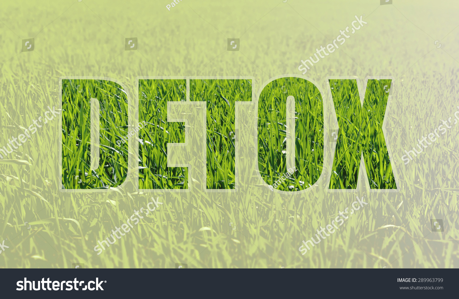 Background with fresh green grass symbolizing the rebirth and the inscription DETOX. Detoxification helps rid the body of toxins. Alternative medicine #289963799