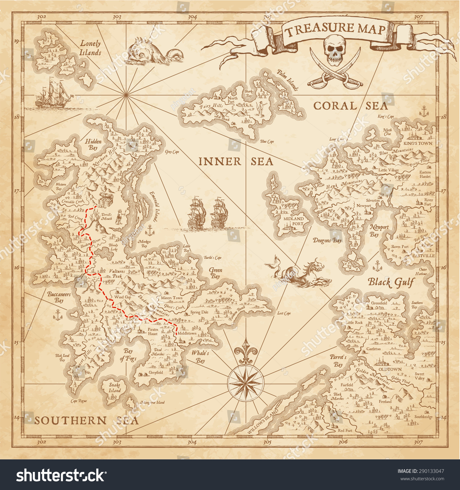 A High detail, grunge Vector "Treasure Map" with lots of decoration hand drawn with incredible details. 
 #290133047