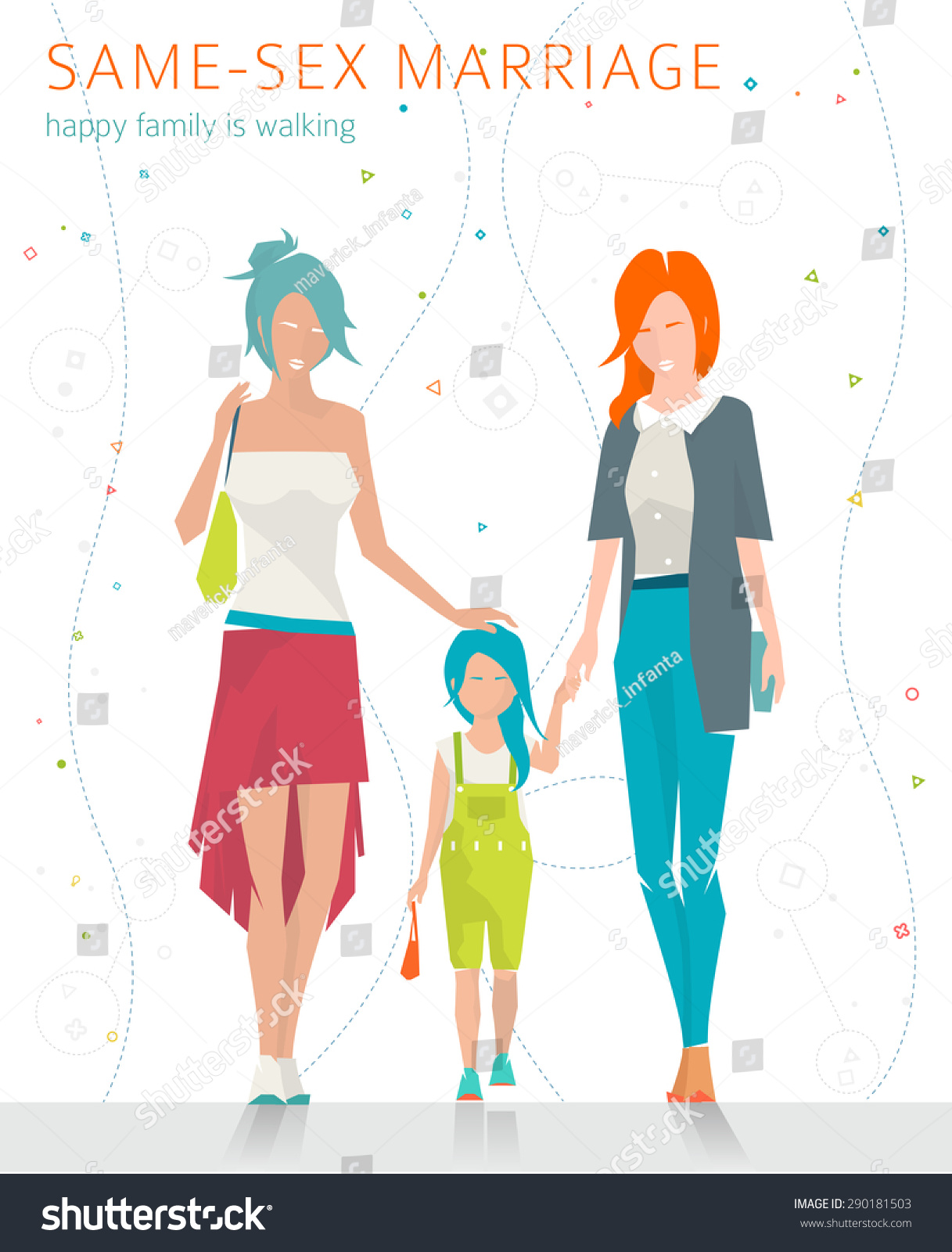 Concept of same-sex marriage. Happy family is going for a walk. Two  mothers and daughter. Flat vector illustration. #290181503