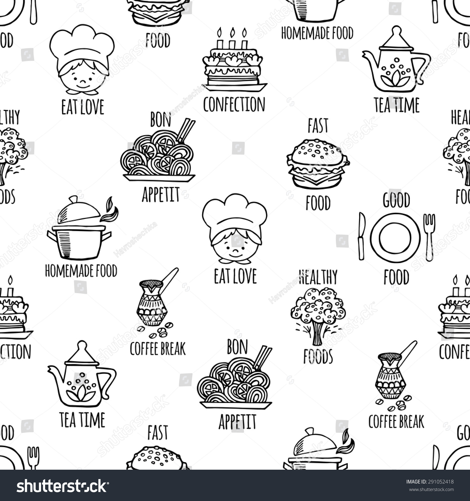 Kitchen black and white seamless pattern vector. - Royalty Free Stock ...