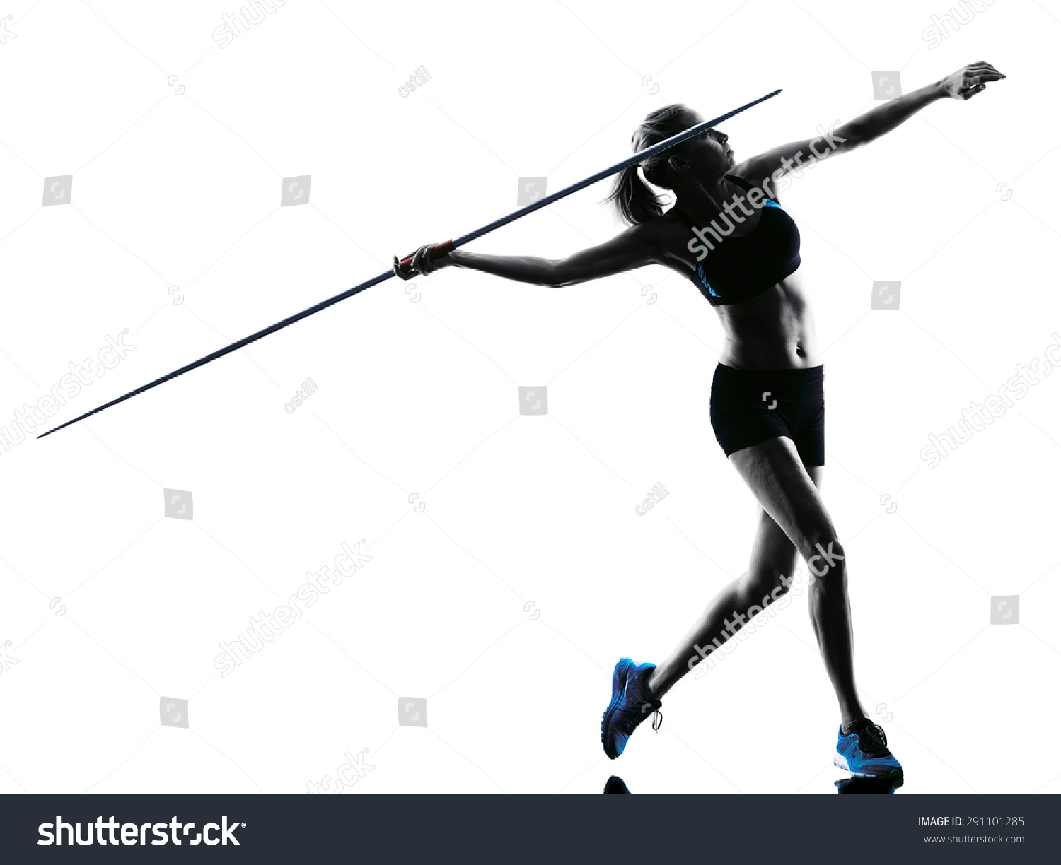 one  caucasian woman Javelin thrower in silhouette isolated white background #291101285