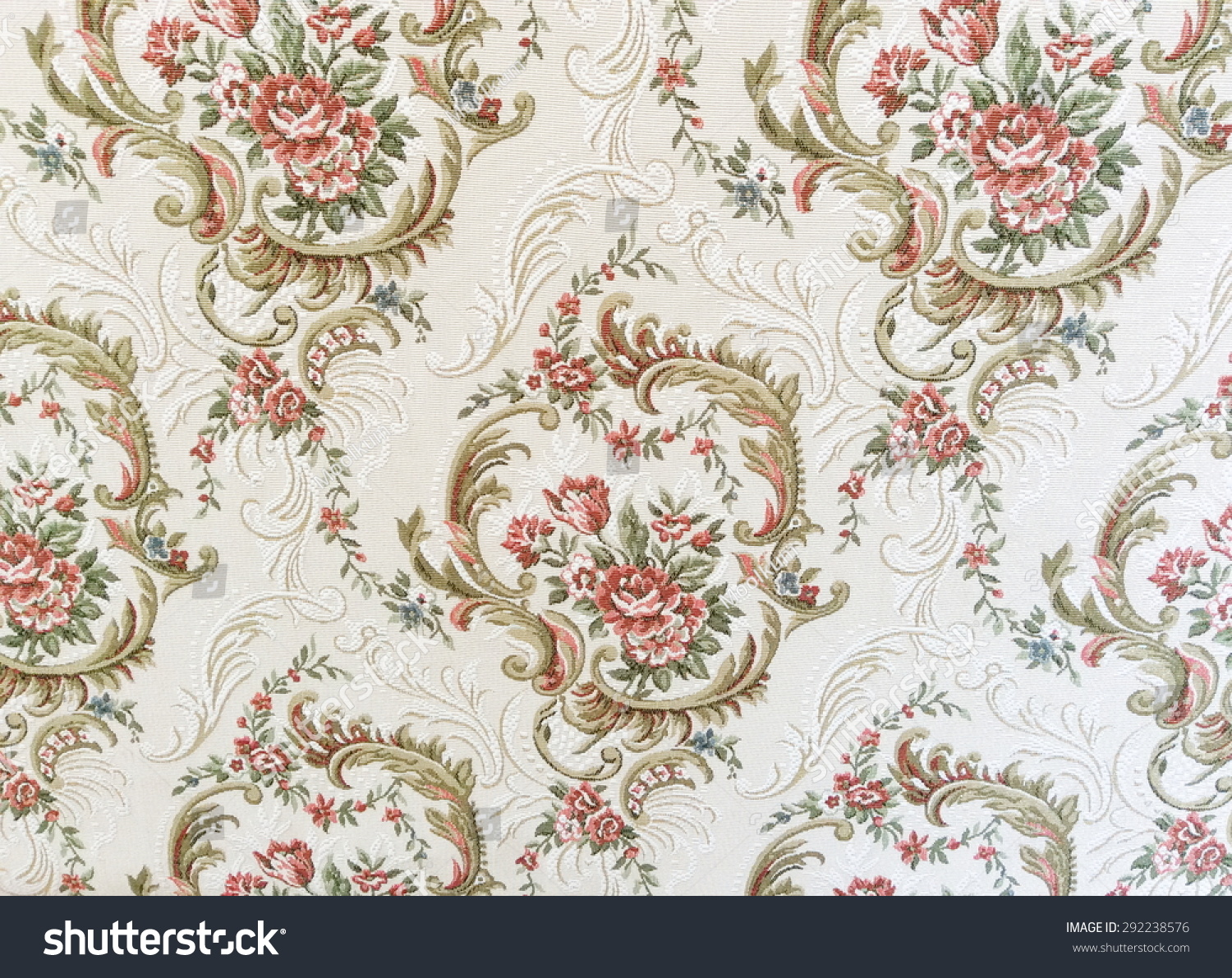 Fragment of colorful retro tapestry textile pattern with floral ornament useful as background #292238576