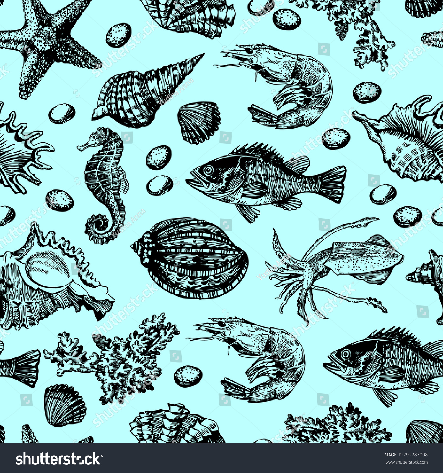 Graphic drawings of various inhabitants of the underwater world Seamless for fabric design t wrapping paper and printing and web projects Stock