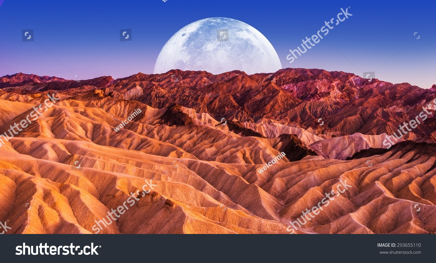 Death Valley Scenic Night. Death Valley National Park Badlands Sandstones Landscape and the Moon. California, United States. #293655110