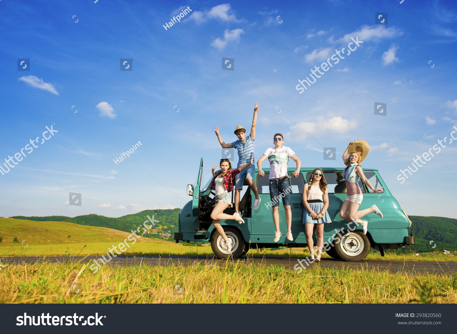 Young hipster friends on road trip on a summers day #293820560