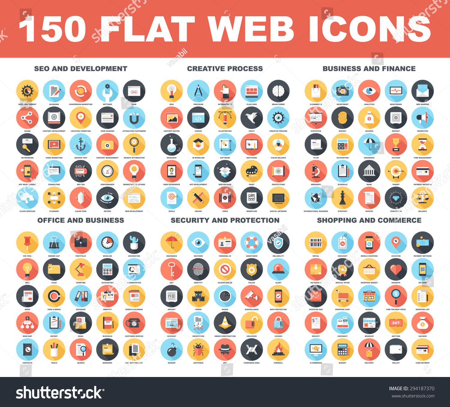 Vector set of 150 flat web icons with long shadow on following themes - SEO and development, creative process, business and finance, office and business, security and protection, shopping and commerce #294187370
