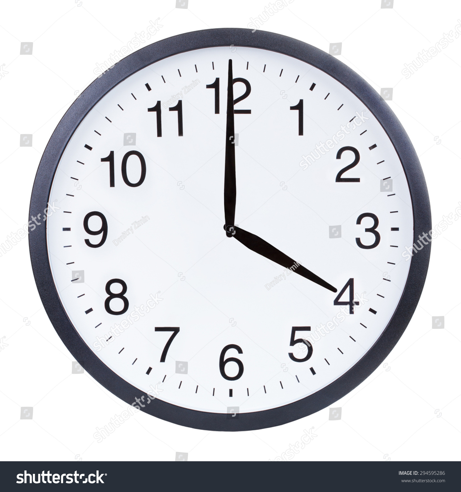 Round office clock showing four o'clock isolated on white background #294595286