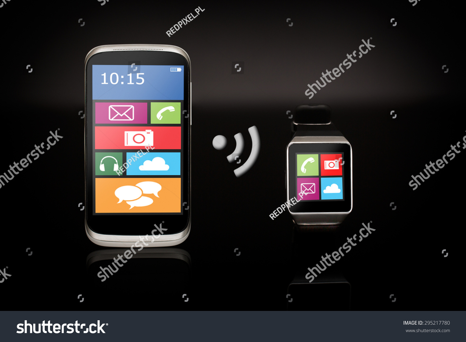 Modern internet smart watch and smartphone on black background. #295217780