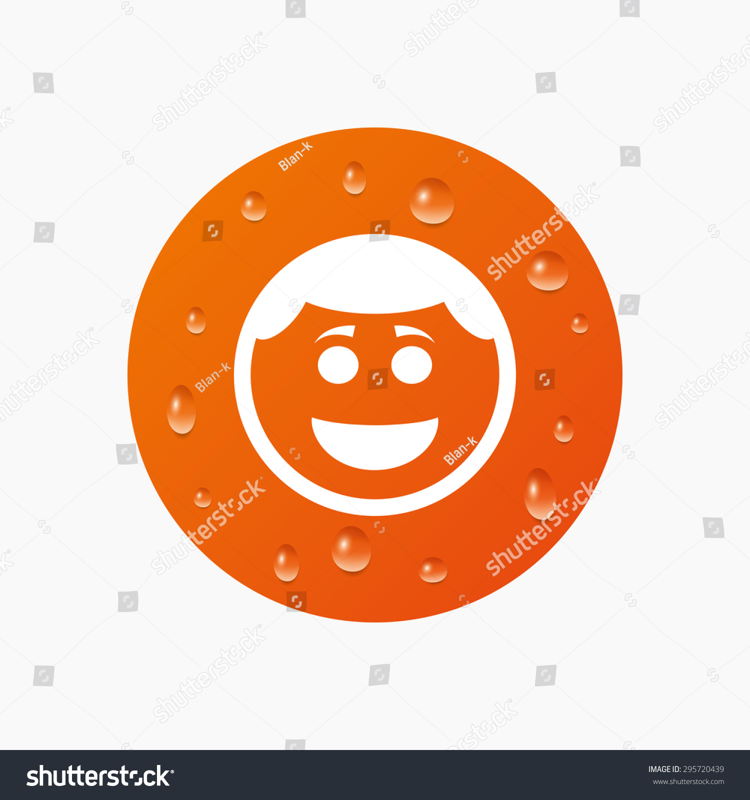 Water drops on button. Smile face sign icon. Happy smiley with hairstyle chat symbol. Realistic pure raindrops. Orange circle. Vector #295720439