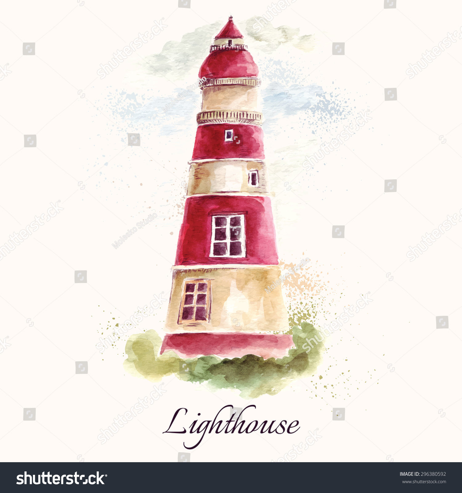 Hand drawn adorable vector lighthouse in watercolor technique.  #296380592