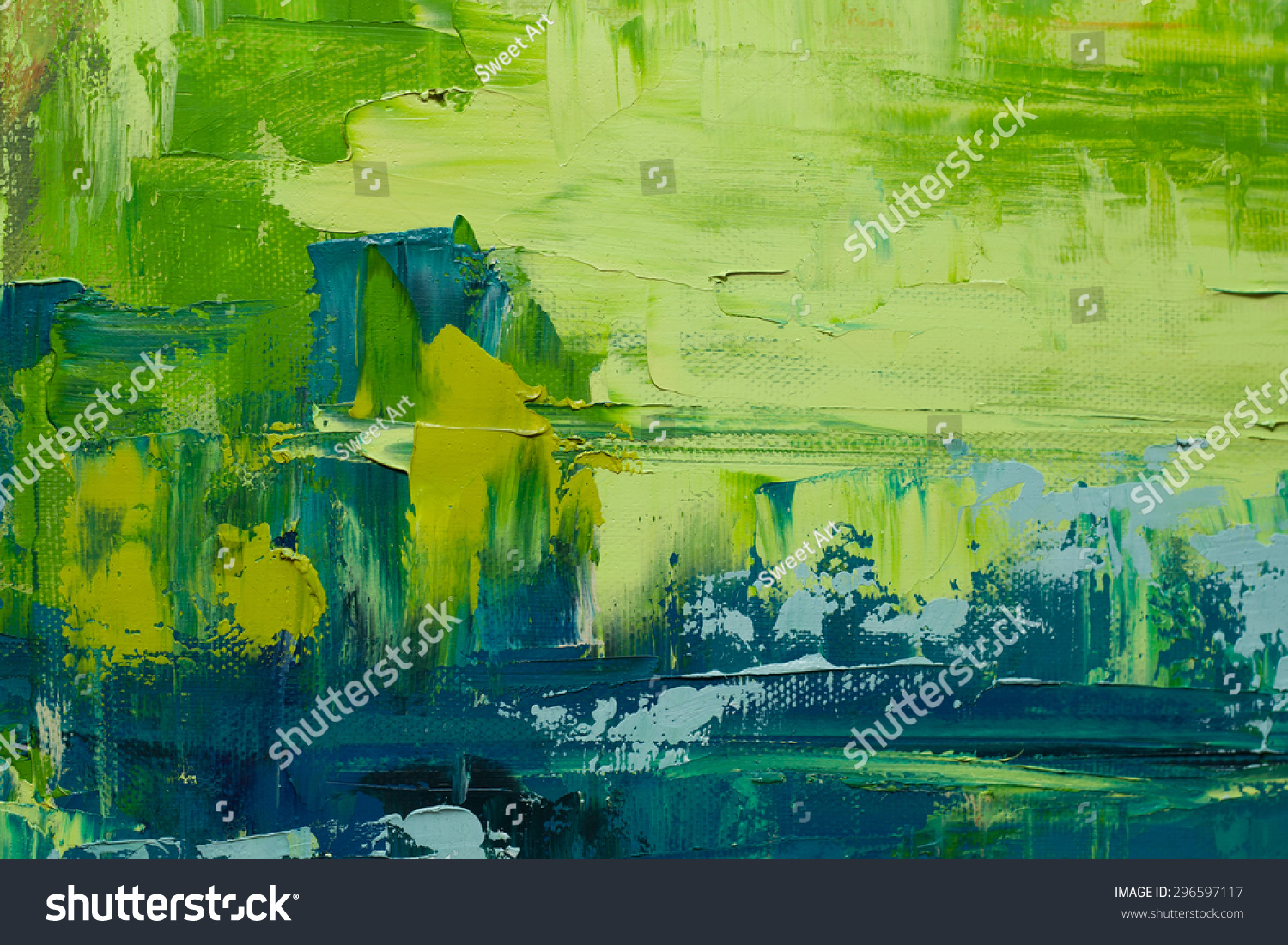 Abstract art  background. Oil painting on canvas. Green and yellow  texture. Fragment of artwork. Spots of oil paint. Brushstrokes of paint. Modern art. Contemporary art. #296597117