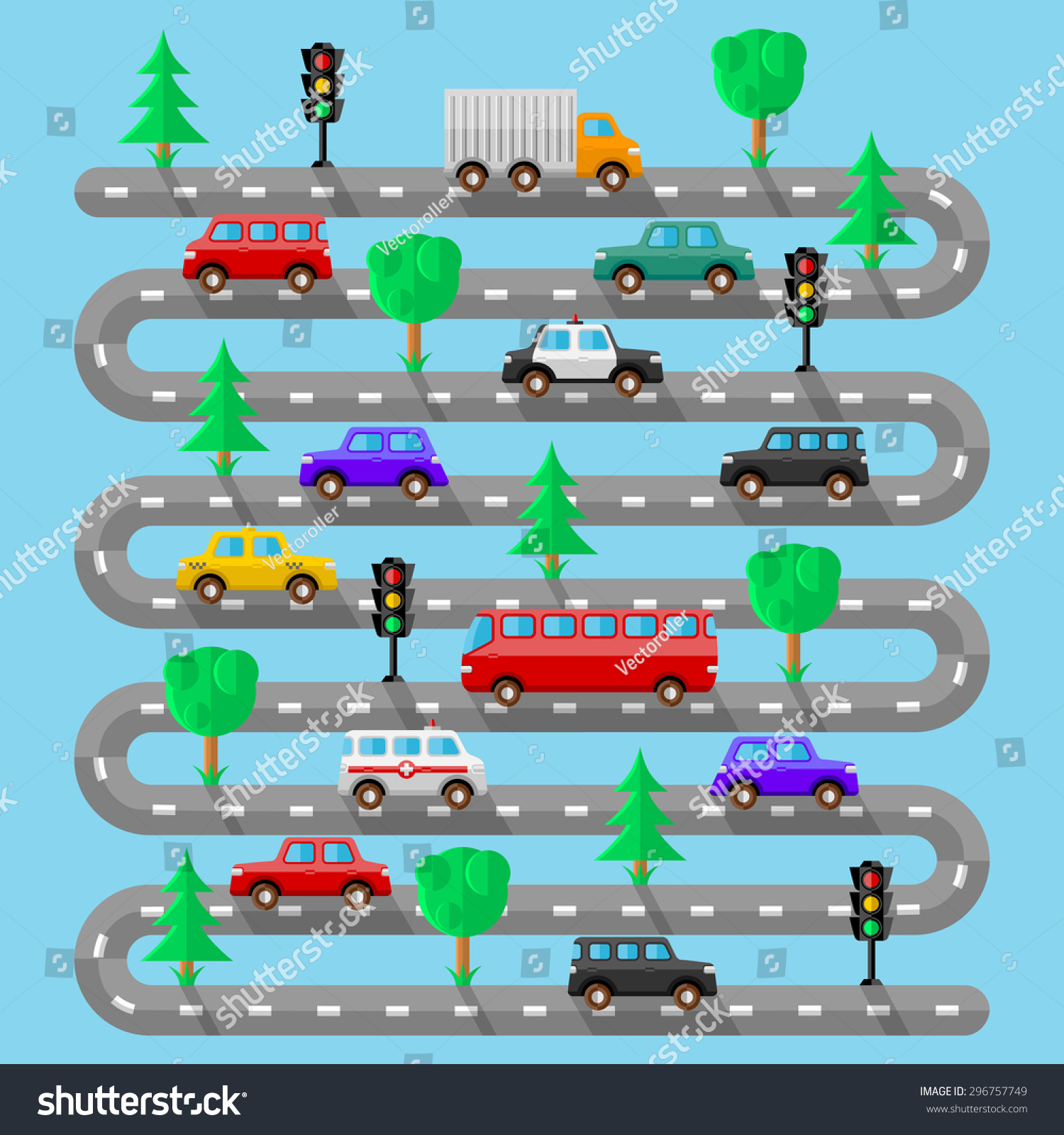 Highway with vehicles. Flat design. Vector illustration.
 #296757749