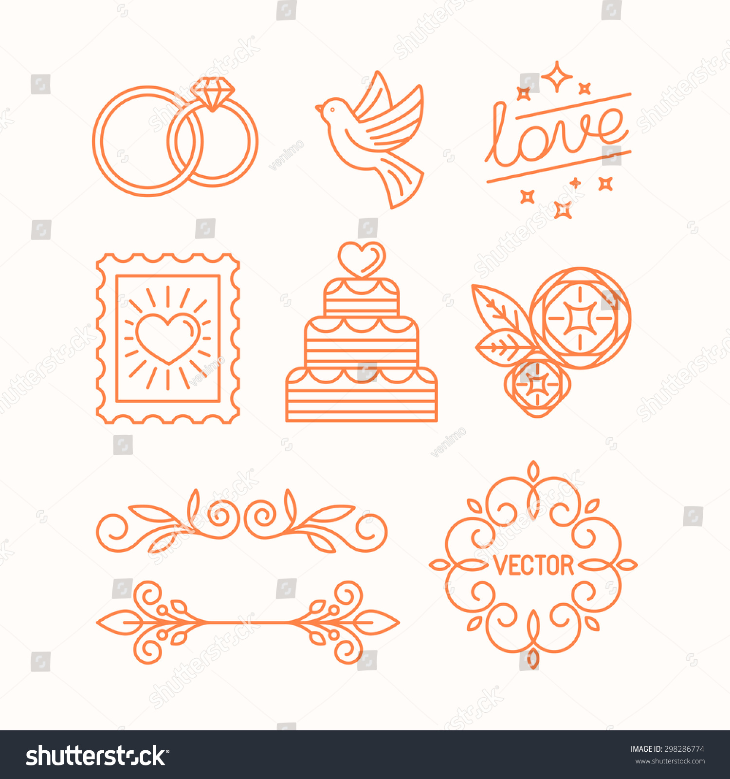 Vector linear design elements, icons and frame for wedding invitations and stationery - decoration set in trendy linear style #298286774